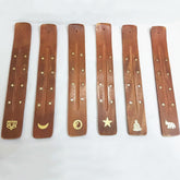 Wood Incense Burner - Six handcrafted holders with lotus, moon, yin-yang, star, Buddha and elephant brass inlays on white, incense burner