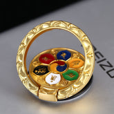Om Mani Padme Hum Phone Ring Holder – Gold ring with six-color enamel mantra design, spiritual phone accessory