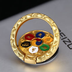 Om Mani Padme Hum Phone Ring Holder – Gold ring with six-color enamel mantra design, spiritual phone accessory
