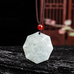 Natural Jade Bagua Yin Yang Luck Necklace - Translucent white jade bagua pendant with red accent bead, traditional chinese ne