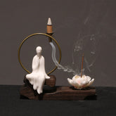 Ceramic Lotus Incense Burner – white figure, brass ring, lotus holder, backflow smoke, front, healing
