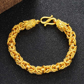 Dragon Protection Bracelet - Byzantine chain with dragon head clasp on black display, Strength