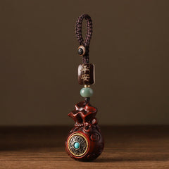 Sandalwood Money Bag Mantra Hanging - Red wood bag with brass medallion, peace blessing charm
