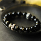 Zodiac Natal Buddha Obsidian Silver Bracelet - Gold sheen obsidian beads with silver mantra charm, spiritual protection