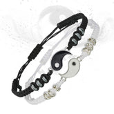 Yin Yang Hematite Bracelet - Black & white interlocking charms on adjustable cords, couple bracelet