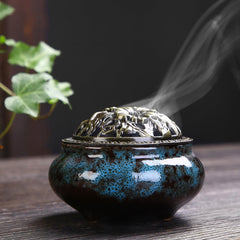 Flower Pattern Ceramic Burner – black and turquoise Jun-style glaze with smoke, blessing