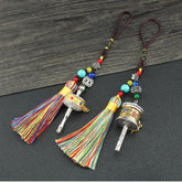 Tibetan Prayer Wheel Tassel – Two mani wheel pendants with rainbow tassels on beaded cords, Buddhist hanging ornament