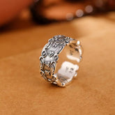 Tibetan Om Mani Padme Hum Ring – 45° view of open cuff with Tibetan mantra engraving on oxidized copper, spiritual ring