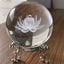 Crystal Dragon Lotus Blessing - Laser etched lotus flower inside crystal ball on antique silver stand, Clarity