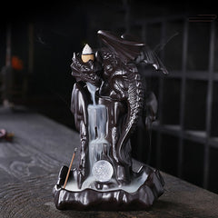 Nordic Dragon Backflow Incense Burner with yin-yang medallion, active smoke waterfall on dark wood, ceramic dragon