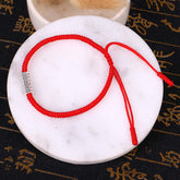 Red String Om Mani Padme Hum Bracelet - Single red cord on marble with dried flowers, red string