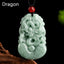 Green Jade Zodiac Necklace - Carved dragon pendant with ruyi clouds on dark bg, prosperity talisman