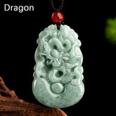 Green Jade Zodiac Necklace - Carved dragon pendant with ruyi clouds on dark bg, prosperity talisman