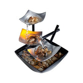 Three Layers Lotus Waterfall Fountain - White background with silver tiers river stones and LED glow, Serene