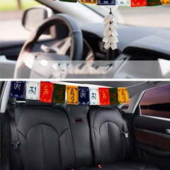 Tibetan Prayer Flags – Split view showing flags hung in car front and rear interior, car blessing decoration