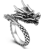 Sterling Silver Dragon Ring - three-quarter view of detailed dragon head with open jaw and fangs, bold statement