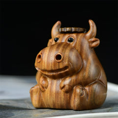 Green Sandalwood Calf Incense Burner – Seated wooden calf with crown opening, polished grain