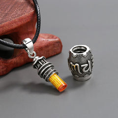 Om Mani Padme Hum Copper Pendant Necklace – Open prayer wheel revealing yellow scroll, spiritual pendant