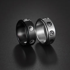 Yin Yang Titanium Steel Ring - Black spinner band with yin-yang engravings, titanium ring