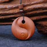 Lightning Struck Jujube Wood Yin Yang Luck Protection Necklace Pendant - Carved wood yin-yang on dark cord by wood, wooden am
