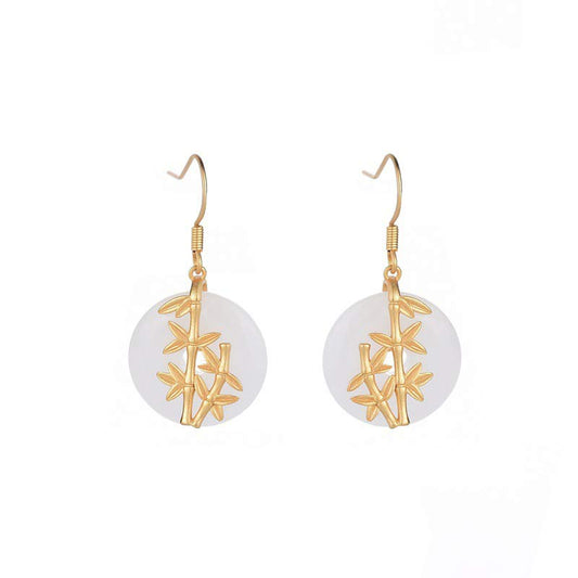 FengShui White Jade Fortune Earrings bamboo design white background
