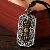 Dorje Vajra Rope Pendant – Hanging on black cord, openwork frame with gold vajra center, Tibetan necklace