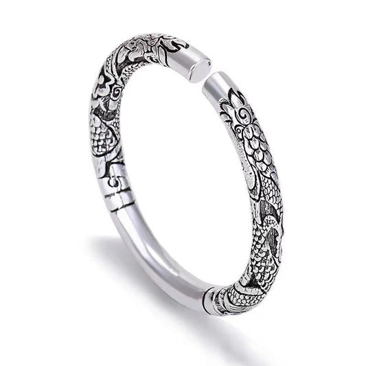 Dragon Auspicious Clouds Bangle – white background cuff with dragon scales, Polished Silver