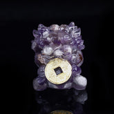 Handmade PiXiu Crystal – Light amethyst crystal front view on black, healing statue