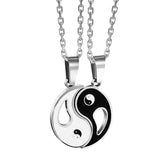 Yin Yang Pendant Couple Necklace Set - Interlocking black and silver yin-yang pendants on matching chains, couples necklac...
