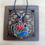 Koi Fish Lotus Ghau Prayer Box Necklace – cloisonne pendant on black cord with carved wooden lattice display stand