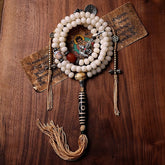 108 Mala Beads Bracelet – Full 108-bead loop on wood, dzi guru pendant