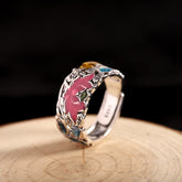 Sterling Silver Lotus Koi Ring - Pink lotus and turquoise on oxidized silver band, boho ring