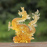 Chinese Zodiac Yellow Dragon Liuli Art Piece - coiled golden amber dragon sculpture on transparent base, luck decor