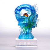 Azure Dragon Liuli Crystal – coiled dragon encircling amber pearl on inscribed base, success decor