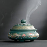 Dragon Floral Ceramic Backflow Burner – teal censer with gold dragon and smoke, peaceful
