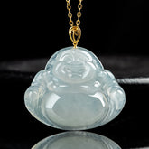 Laughing Buddha Jade Pendant Necklace – Natural green jadeite Budai charm on steel chain, men jewelry