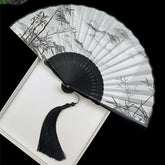 Vintage Silk Folding Fan - Black bamboo ribs with ink wash bamboo art and silk tassel, vintage fan