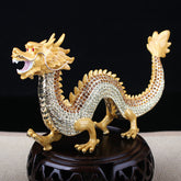 Handmade Feng Shui Dragon Decoration – Gold crystal-encrusted dragon on carved wooden pedestal, dynamic S-curve pose, Luxury