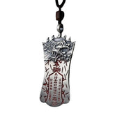 Bagua PiXiu Necklace – Silver PiXiu talisman isolated on white with red text, feng shui protection jewelry