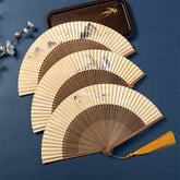 Lotus Dragonfly Wild Geese Silk Bamboo Folding Fan - three fans fanned out showing crane, mountain geese, plum blossom