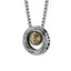 Mobius pendant necklace with interlocking loop design and patterned center sphere, front view on a light background