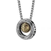 Mobius Copper Wealth Necklace – Silver box chain with interlocking Mobius rings and gold Celtic-pattern sphere center, white background front view