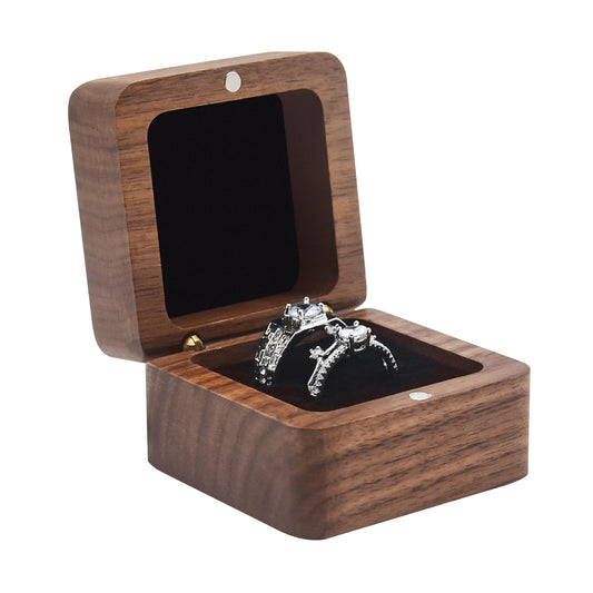 Walnut Wood Ring Box – black velvet interior holding diamond ring, dark elegant contrast
