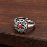 Tibetan Om Mani Padme Hum Ring – Red stone variant on brown wood, Tibetan ring