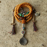 108 Bodhi Seed Mala Bracelet – Complete Tibetan prayer mala with amber beads and dorje counters, Buddhist necklace