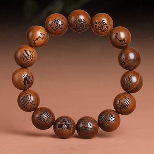 Lightning Struck Jujube Wood Taoist Scripture Bracelet - Wood bead bracelet with Bagua and Big Dipper engravings, Taoist scripture bracelet