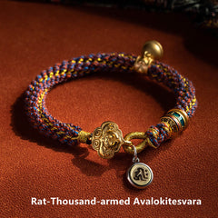 Om Mani Padme Hum Braided Bracelet – Rat zodiac variant with gold components and Sanskrit charm, Buddhist woven bracelet