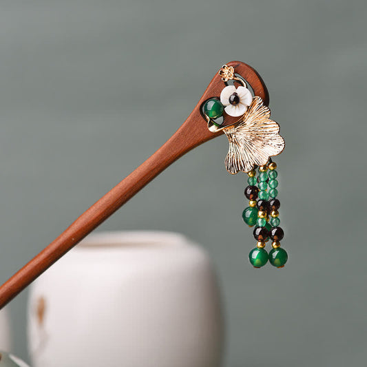 Red Sandalwood Green Agate Hairpin, wooden hairpin with gold ginkgo leaf and green agate bead tassels