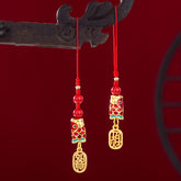 Koi Fish Cinnabar Ruyi Phone Charm – front view of red cinnabar koi with gold ruyi scepter tassel, wealth phone decor