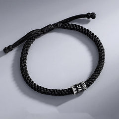 Om Mani Padme Hum Braided Peace Bracelet – top-down showing sliding knot, adjustable bracelet